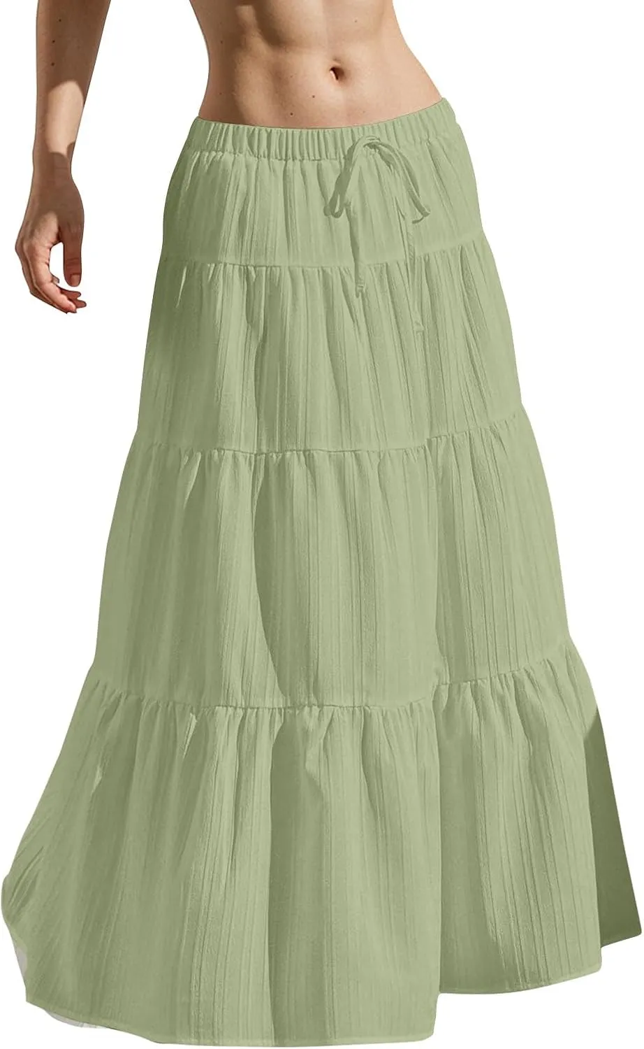 Linen Maxi Skirts for Women Pleated Cute Boho Long Flowy Skirt Drawstring Tiered Vacation Beach A Line Summer Skirts