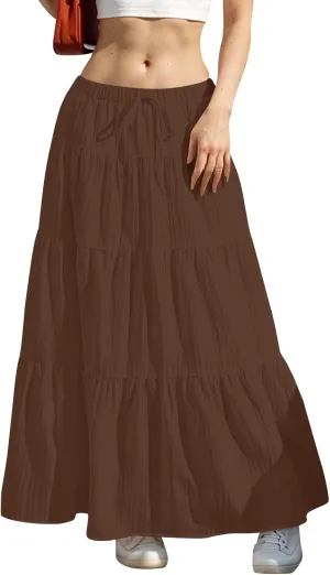 Linen Maxi Skirts for Women Pleated Cute Boho Long Flowy Skirt Drawstring Tiered Vacation Beach A Line Summer Skirts