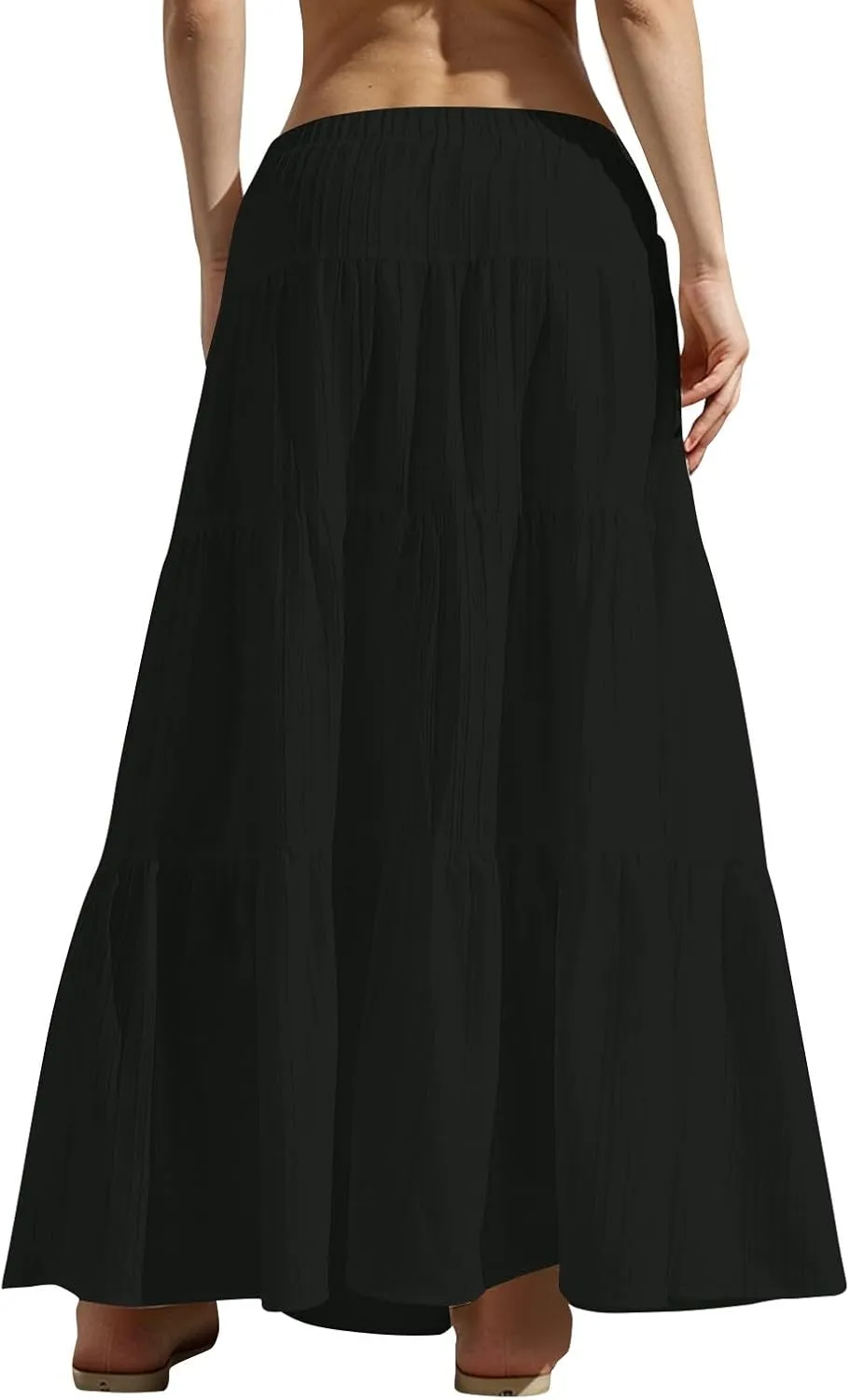 Linen Maxi Skirts for Women Pleated Cute Boho Long Flowy Skirt Drawstring Tiered Vacation Beach A Line Summer Skirts