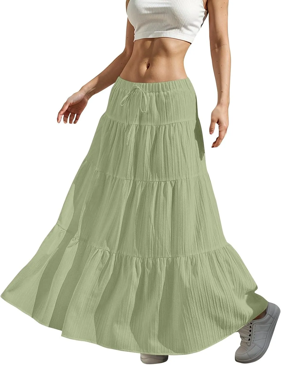 Linen Maxi Skirts for Women Pleated Cute Boho Long Flowy Skirt Drawstring Tiered Vacation Beach A Line Summer Skirts