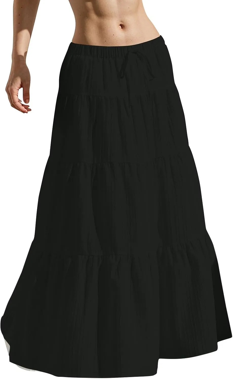 Linen Maxi Skirts for Women Pleated Cute Boho Long Flowy Skirt Drawstring Tiered Vacation Beach A Line Summer Skirts