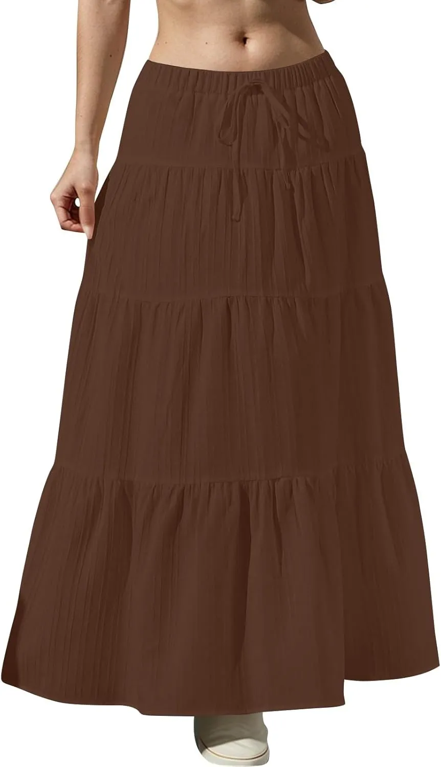 Linen Maxi Skirts for Women Pleated Cute Boho Long Flowy Skirt Drawstring Tiered Vacation Beach A Line Summer Skirts