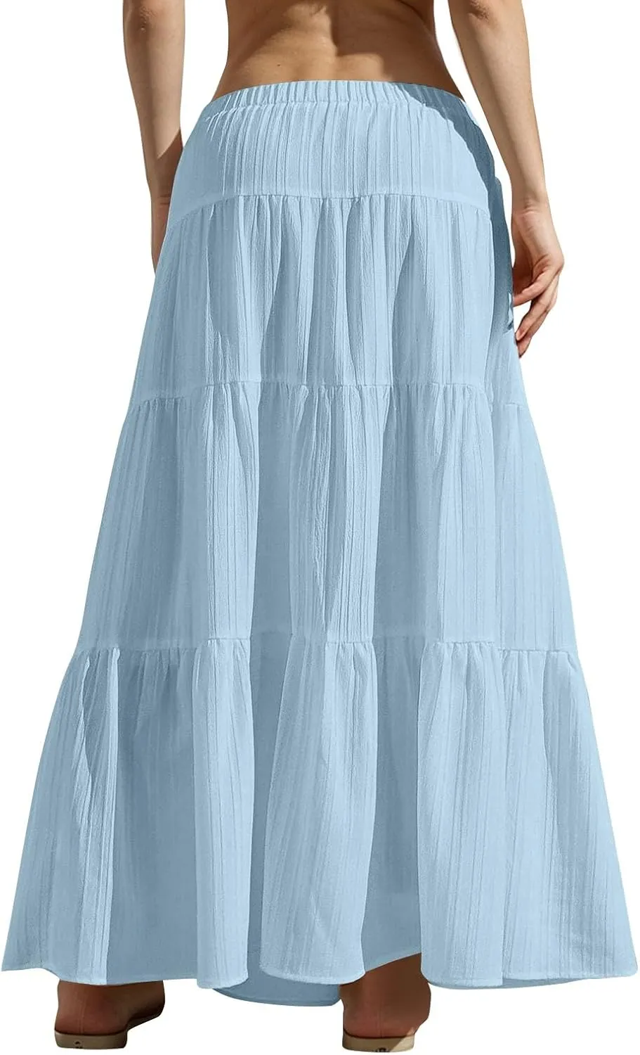 Linen Maxi Skirts for Women Pleated Cute Boho Long Flowy Skirt Drawstring Tiered Vacation Beach A Line Summer Skirts