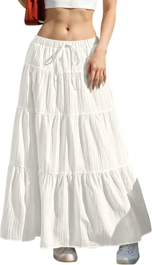 Linen Maxi Skirts for Women Pleated Cute Boho Long Flowy Skirt Drawstring Tiered Vacation Beach A Line Summer Skirts