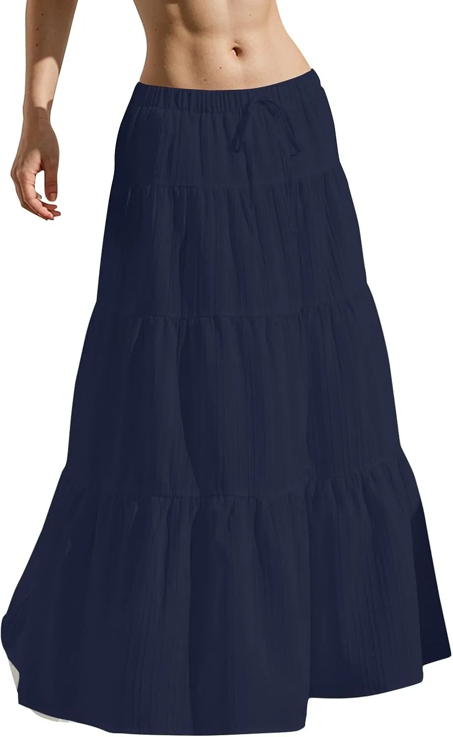 Linen Maxi Skirts for Women Pleated Cute Boho Long Flowy Skirt Drawstring Tiered Vacation Beach A Line Summer Skirts