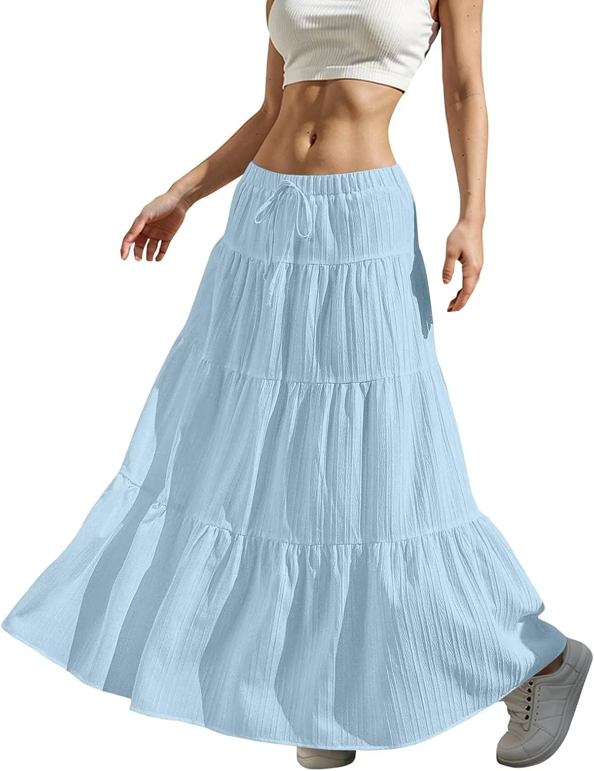 Linen Maxi Skirts for Women Pleated Cute Boho Long Flowy Skirt Drawstring Tiered Vacation Beach A Line Summer Skirts