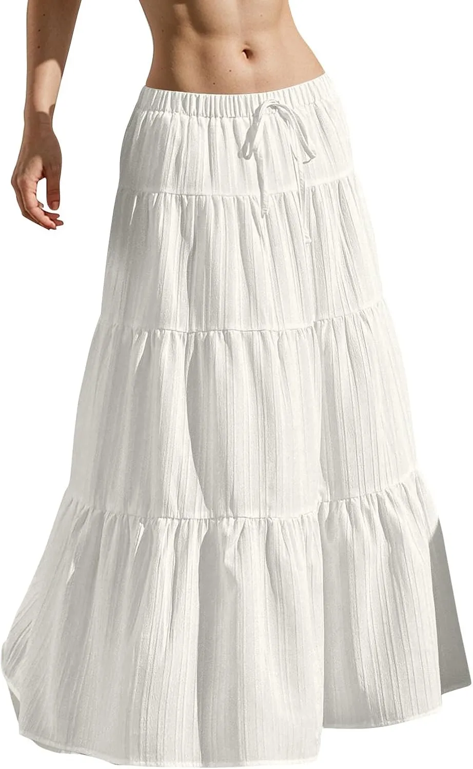 Linen Maxi Skirts for Women Pleated Cute Boho Long Flowy Skirt Drawstring Tiered Vacation Beach A Line Summer Skirts