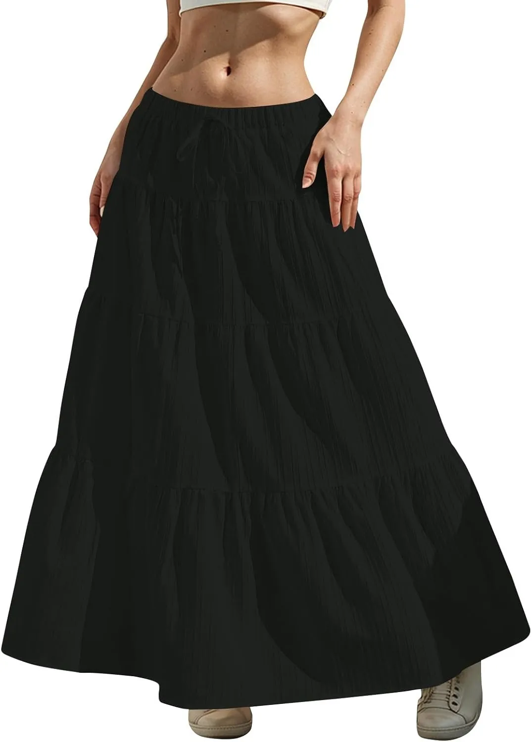 Linen Maxi Skirts for Women Pleated Cute Boho Long Flowy Skirt Drawstring Tiered Vacation Beach A Line Summer Skirts