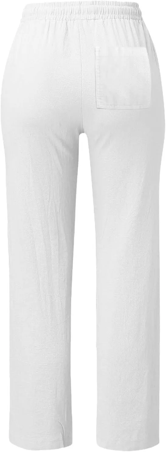 Linen Pants for Women High Wasited Straight Leg Pants Summer Casual Flowy Beach Pants Loose Fit Vacation Travel Pants