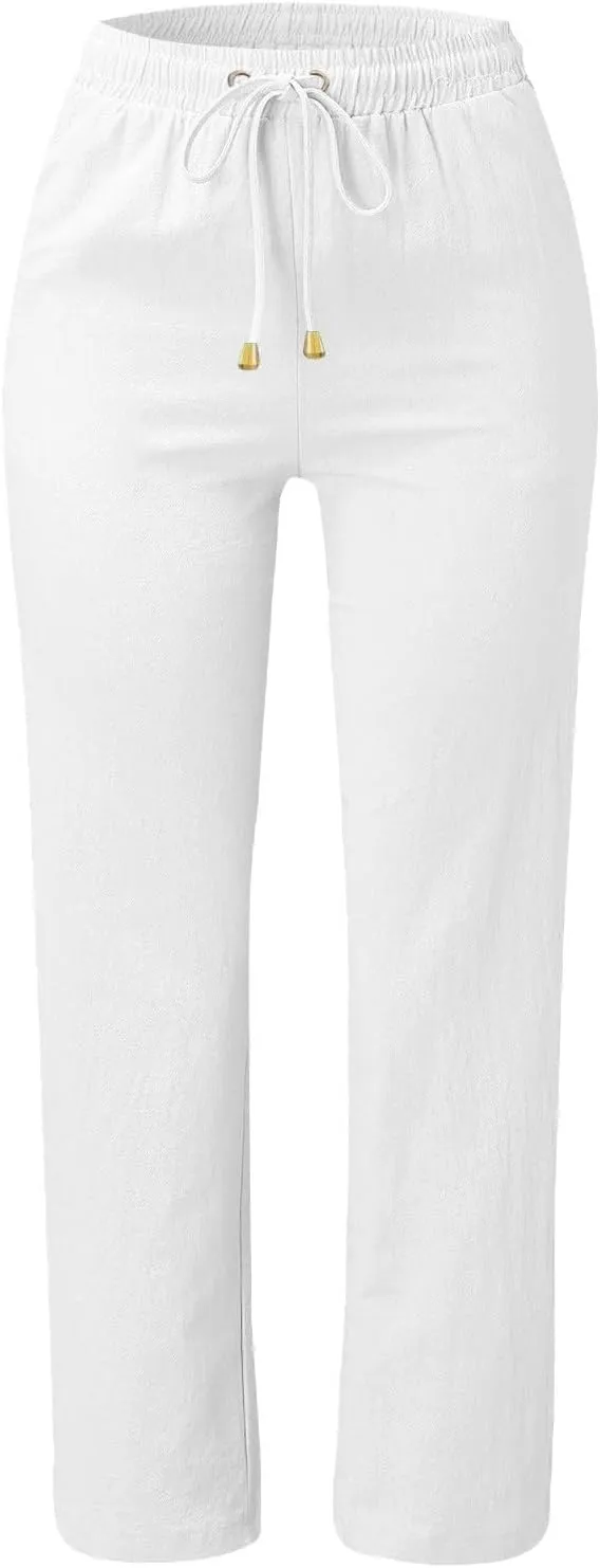 Linen Pants for Women High Wasited Straight Leg Pants Summer Casual Flowy Beach Pants Loose Fit Vacation Travel Pants