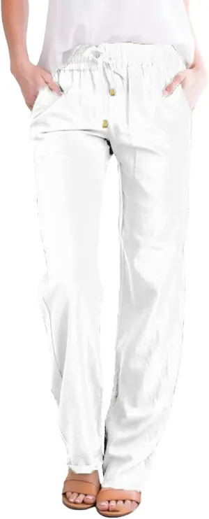 Linen Pants for Women High Wasited Straight Leg Pants Summer Casual Flowy Beach Pants Loose Fit Vacation Travel Pants