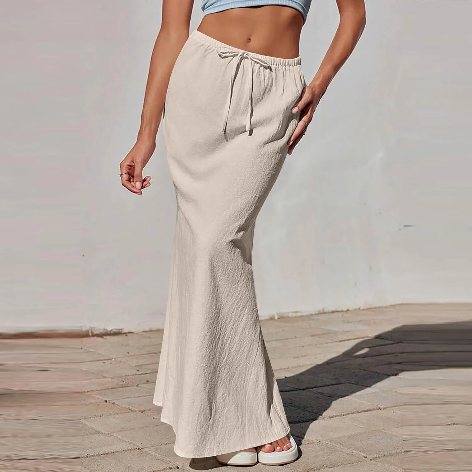 Linen Skirts for Women Trendy Summer Boho Maxi Skirts with Back Slit Casual Elastic Waist Drawstring Long Flowy Skirt