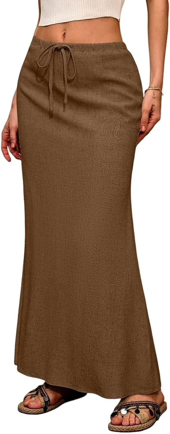 Linen Skirts for Women Trendy Summer Boho Maxi Skirts with Back Slit Casual Elastic Waist Drawstring Long Flowy Skirt