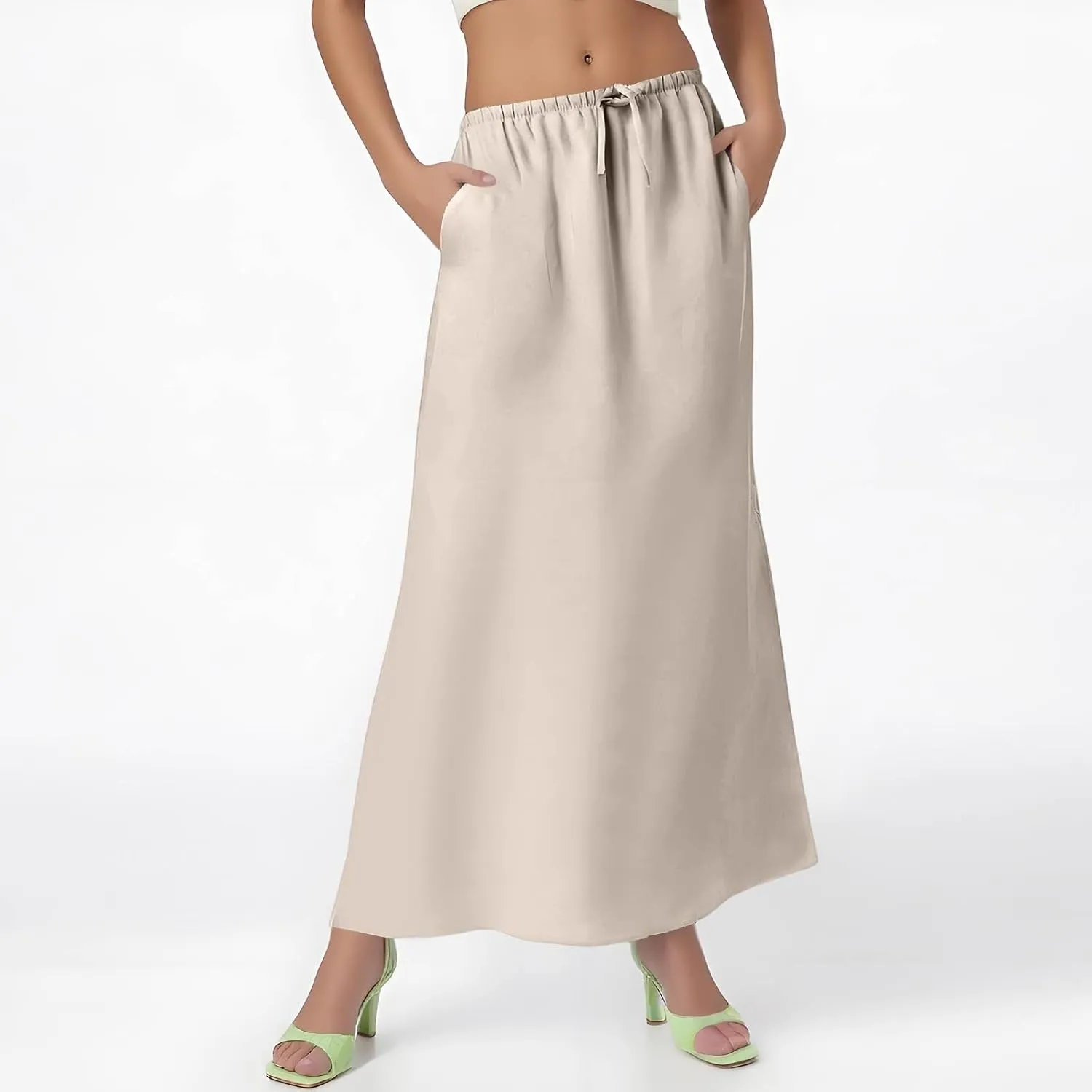 Linen Skirts for Women Trendy Summer Boho Maxi Skirts with Back Slit Casual Elastic Waist Drawstring Long Flowy Skirt
