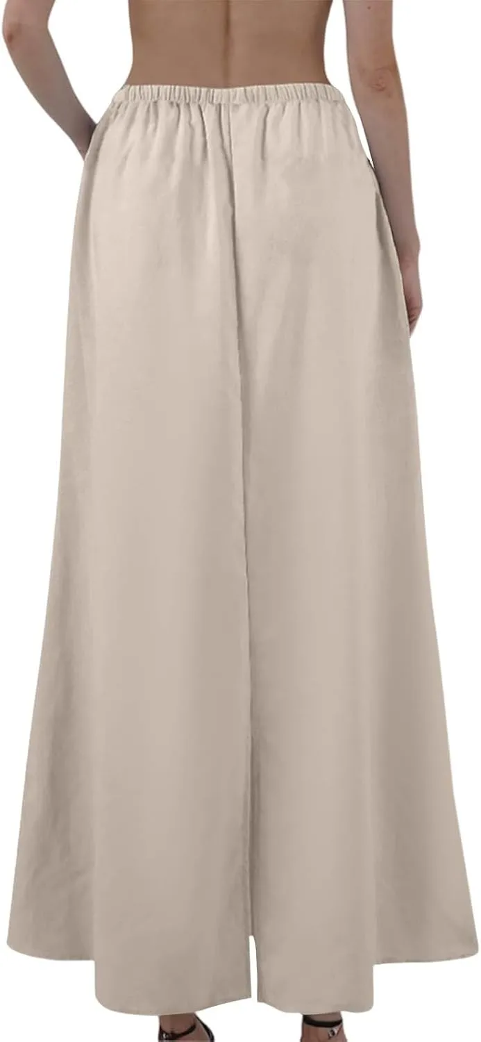Linen Skirts for Women Trendy Summer Boho Maxi Skirts with Back Slit Casual Elastic Waist Drawstring Long Flowy Skirt