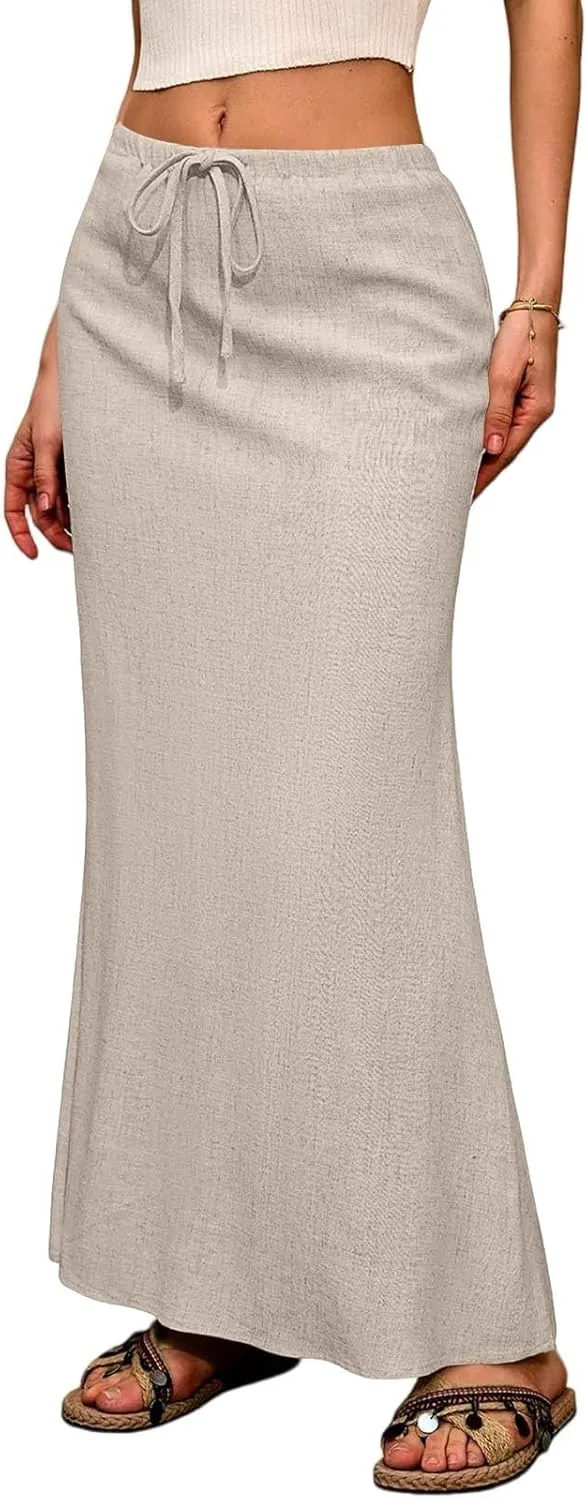 Linen Skirts for Women Trendy Summer Boho Maxi Skirts with Back Slit Casual Elastic Waist Drawstring Long Flowy Skirt