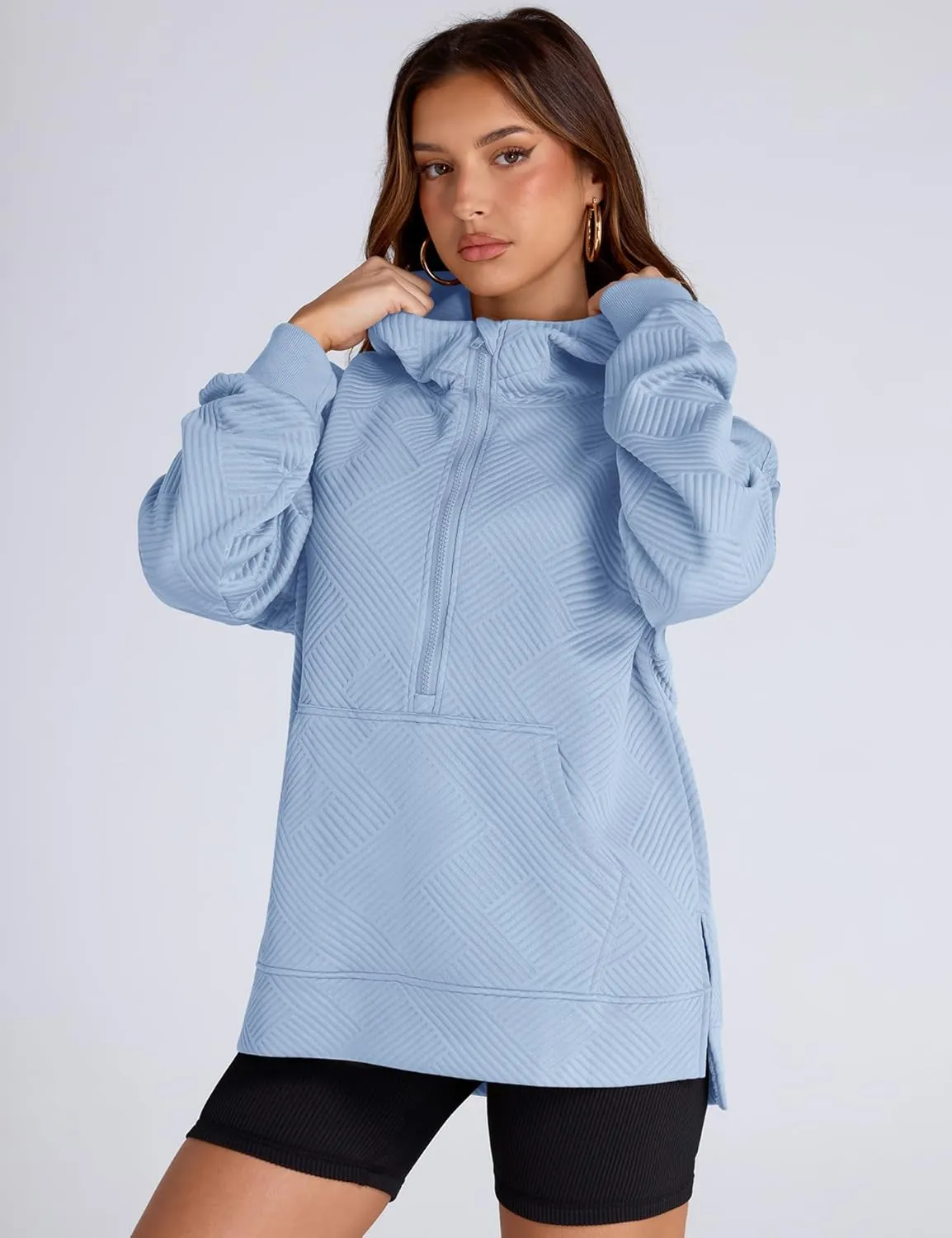 LOMON Womens Oversized Half Zip Hoodies Long Sleeve Textured Casual Sweatshirts Loose Fall Pullover Tops with Pockets
