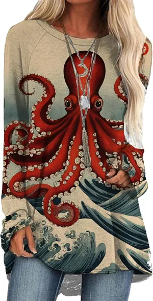 Long Sleeve Shirts for Women 2024 Trendy Plus Size Pullover Japanese Octopus Graphic Tees Casual Crewneck Fall Tops