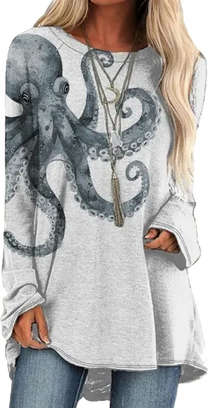 Long Sleeve Shirts for Women 2024 Trendy Plus Size Pullover Japanese Octopus Graphic Tees Casual Crewneck Fall Tops