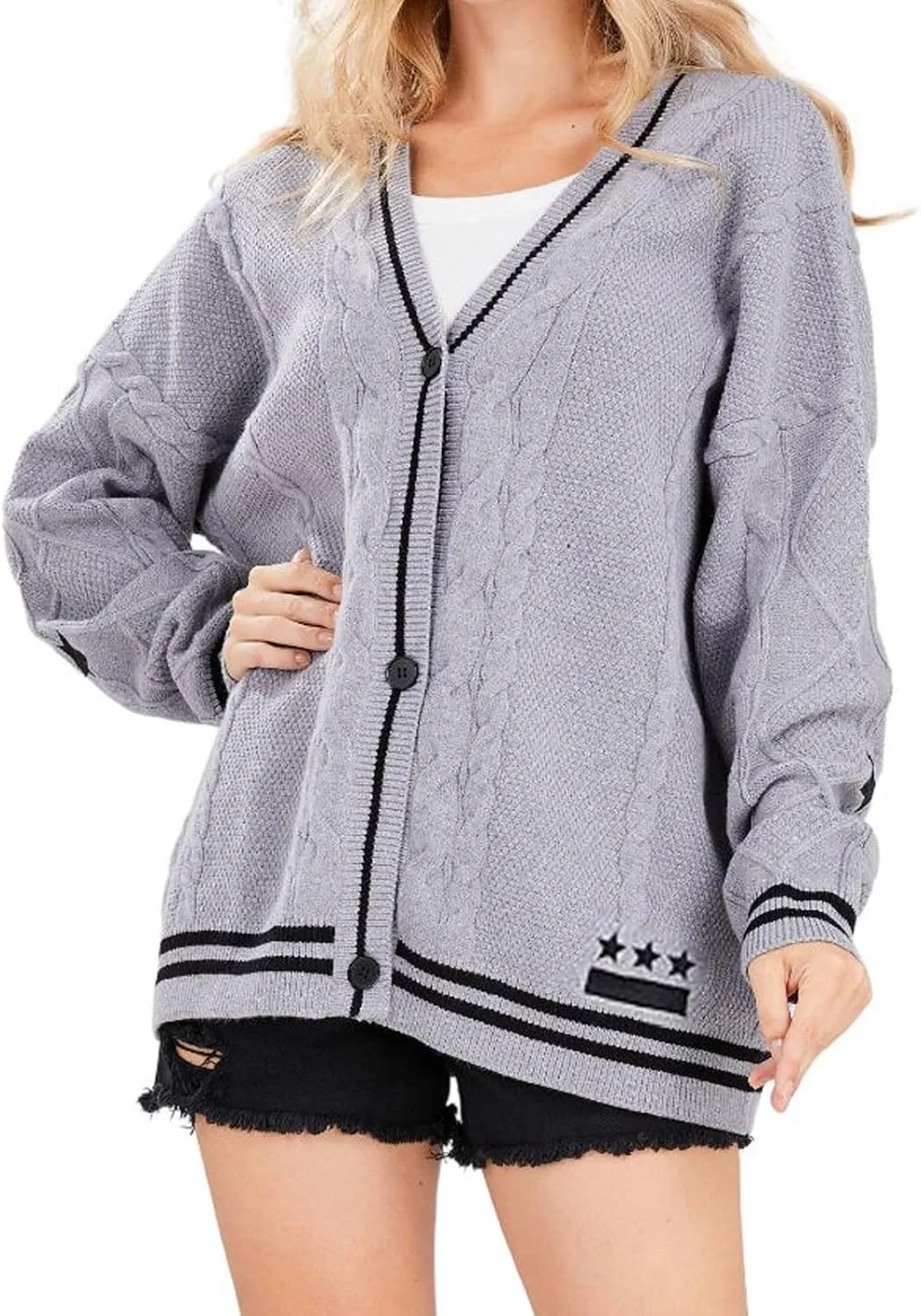 loveimgs Women's Cardigan Open Front Stars Embroideried Cable Knit Sweaters Button Down V Neck Sweater
