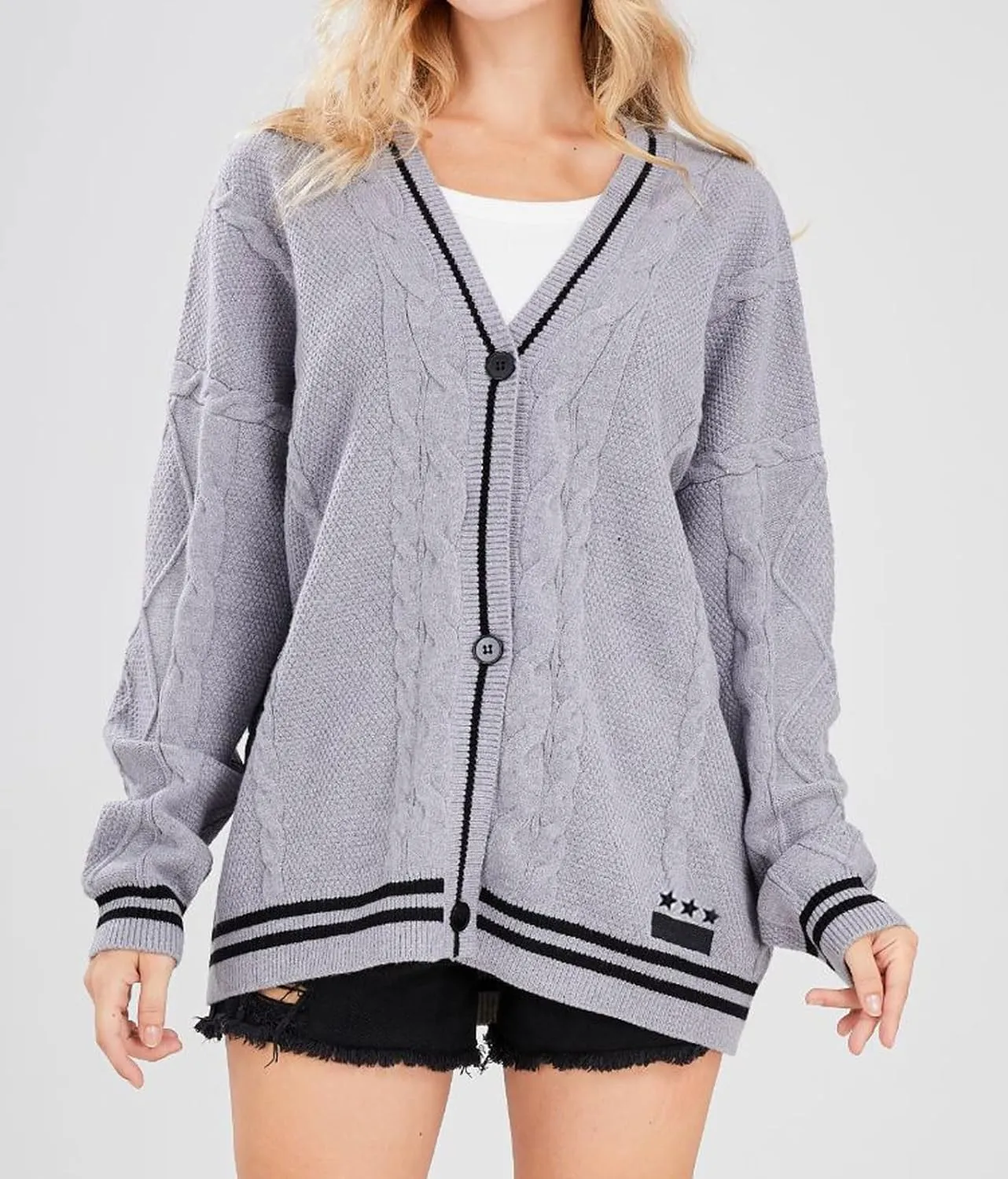 loveimgs Women's Cardigan Open Front Stars Embroideried Cable Knit Sweaters Button Down V Neck Sweater