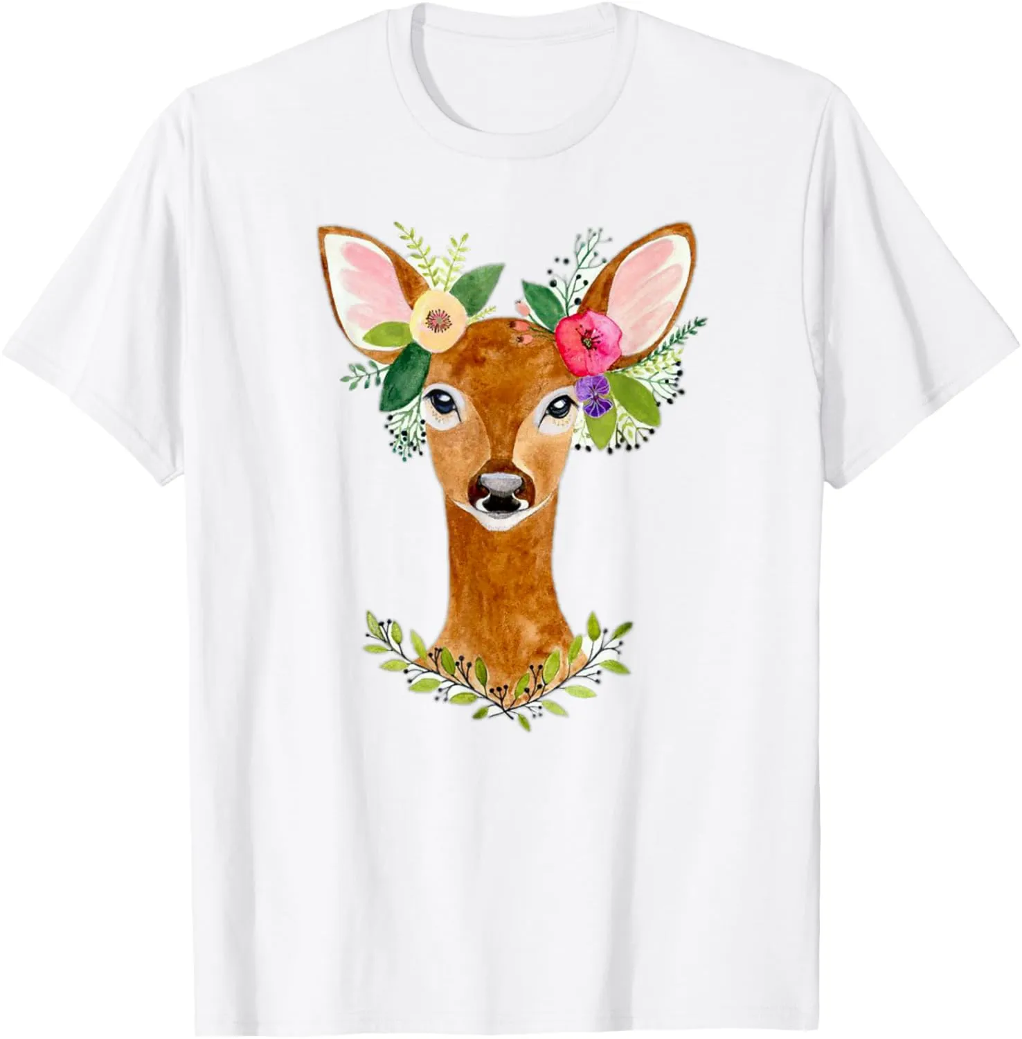 Lovely Doe Boho Nature Floral Art Deer Artwork T-Shirt