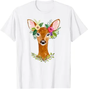Lovely Doe Boho Nature Floral Art Deer Artwork T-Shirt
