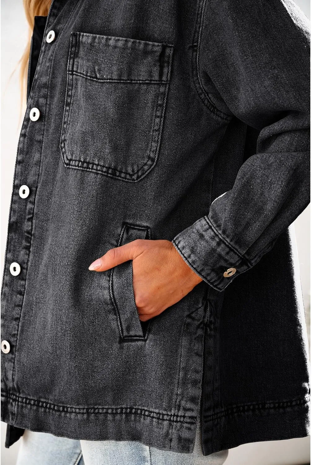 luvamia Denim Jacket for Women Trendy Oversized Button Down Jean Jacket Long Sleeve Slit Hem Shacket Jackets with Pocket