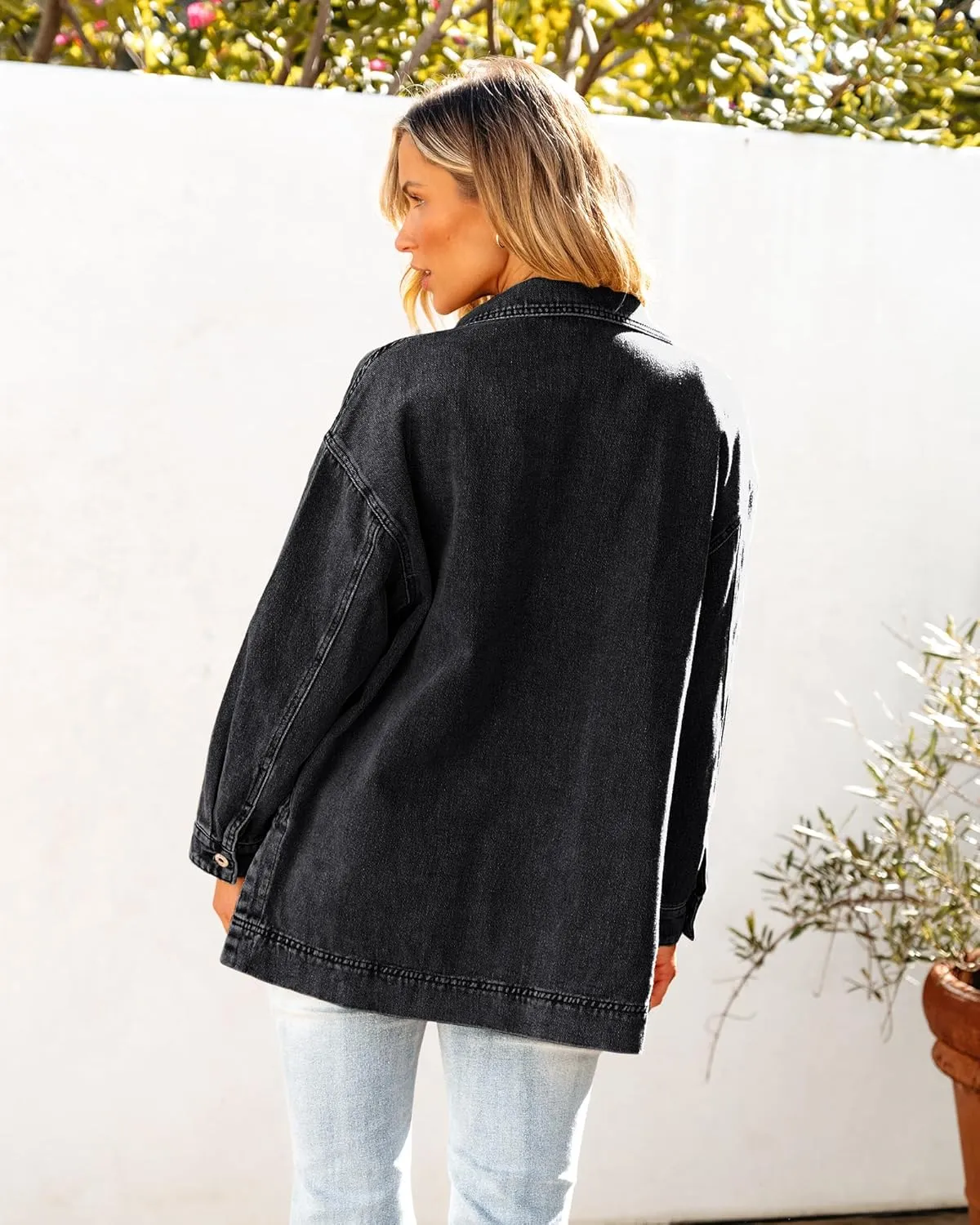 luvamia Denim Jacket for Women Trendy Oversized Button Down Jean Jacket Long Sleeve Slit Hem Shacket Jackets with Pocket