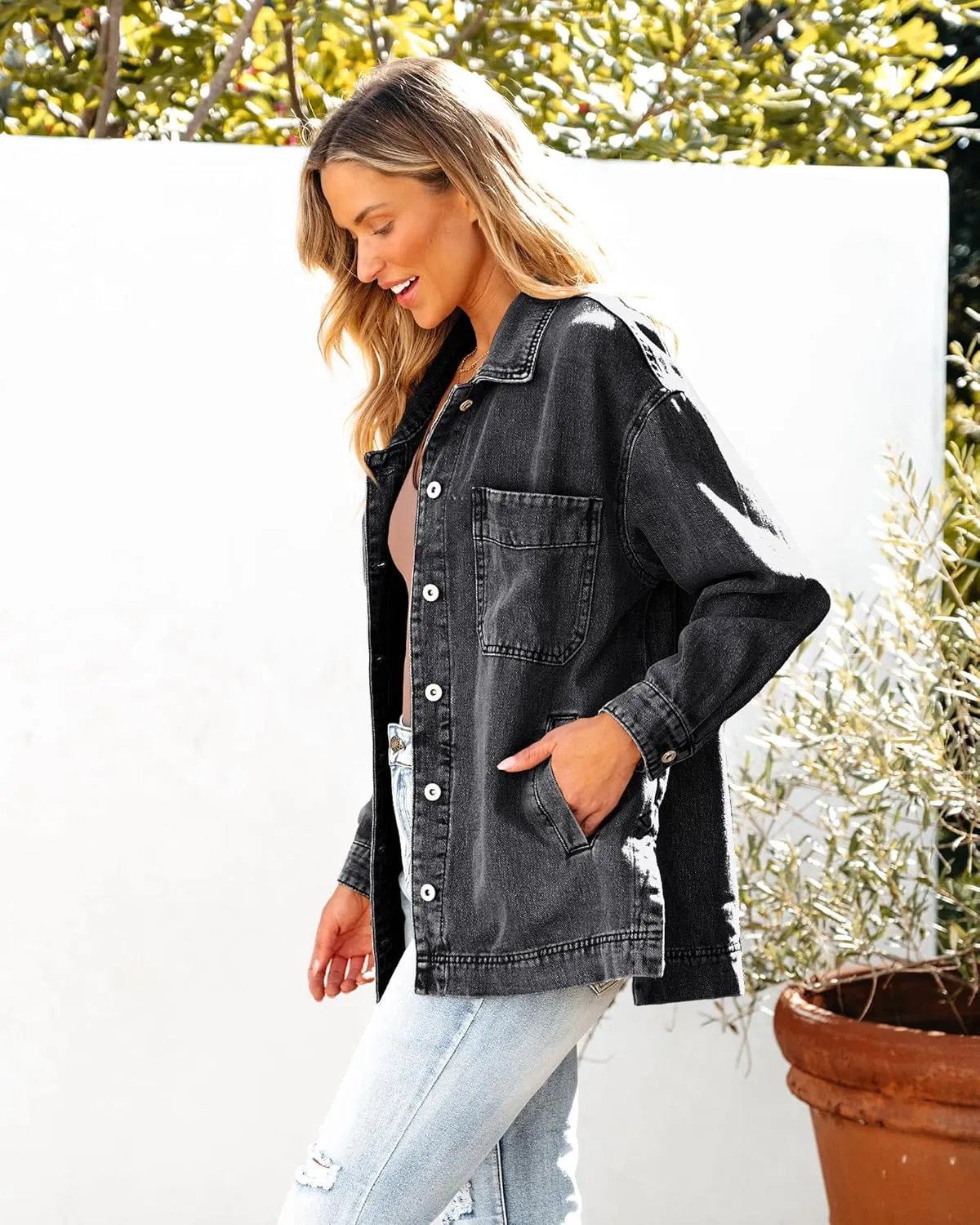 luvamia Denim Jacket for Women Trendy Oversized Button Down Jean Jacket Long Sleeve Slit Hem Shacket Jackets with Pocket