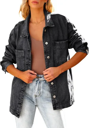 luvamia Denim Jacket for Women Trendy Oversized Button Down Jean Jacket Long Sleeve Slit Hem Shacket Jackets with Pocket