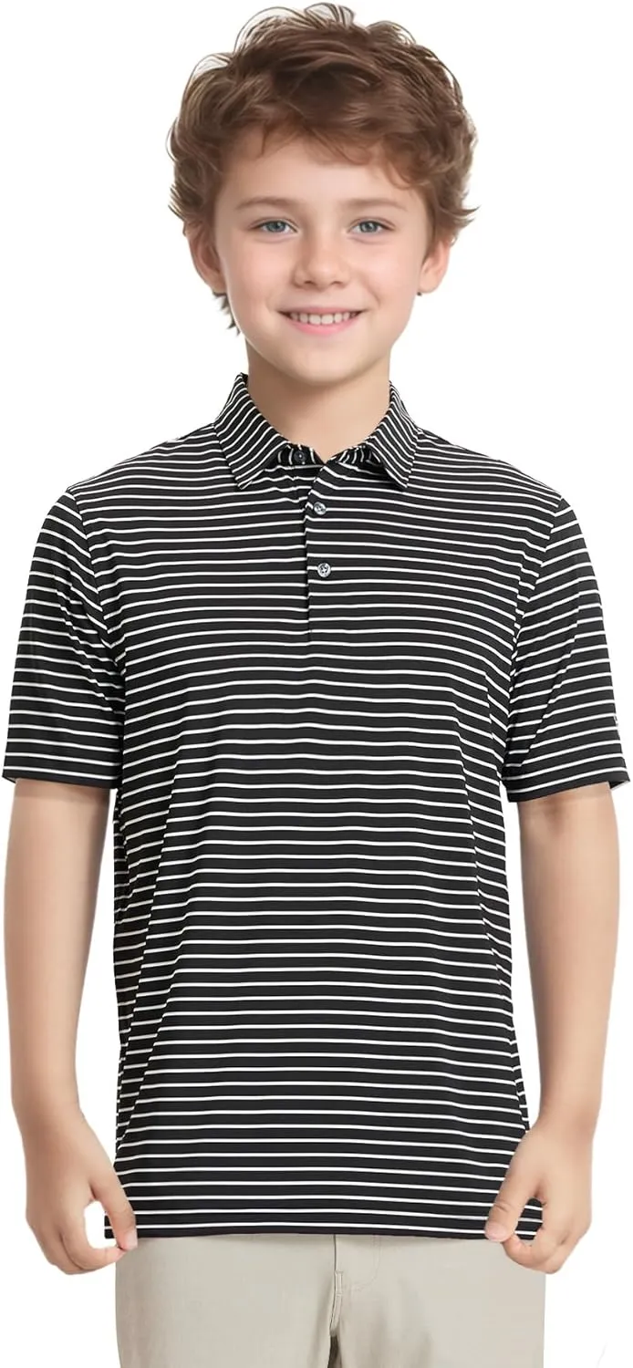 M MAELREG Boys' Polo Shirt Striped Short Sleeve Moisture Wicking Performance Stretch Active Casual Collared Kids Golf Shirt