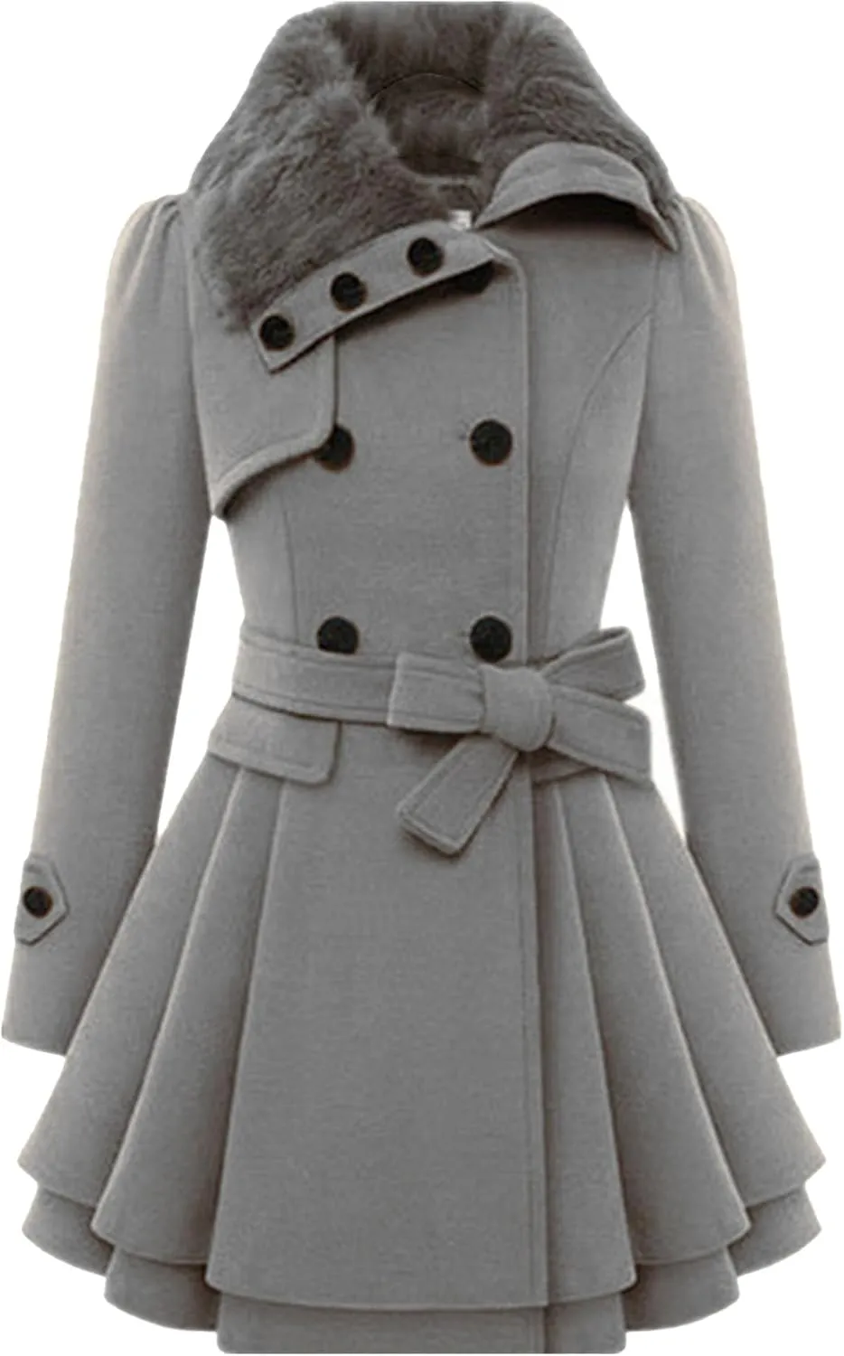 Maiyifu-GJ Womens Lapel Faux Fur Collar Wool Blend Trench Coat Vintage Double Breasted Long Jacket Casual Coat with Belt