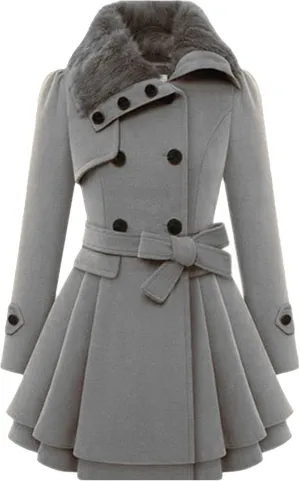 Maiyifu-GJ Womens Lapel Faux Fur Collar Wool Blend Trench Coat Vintage Double Breasted Long Jacket Casual Coat with Belt