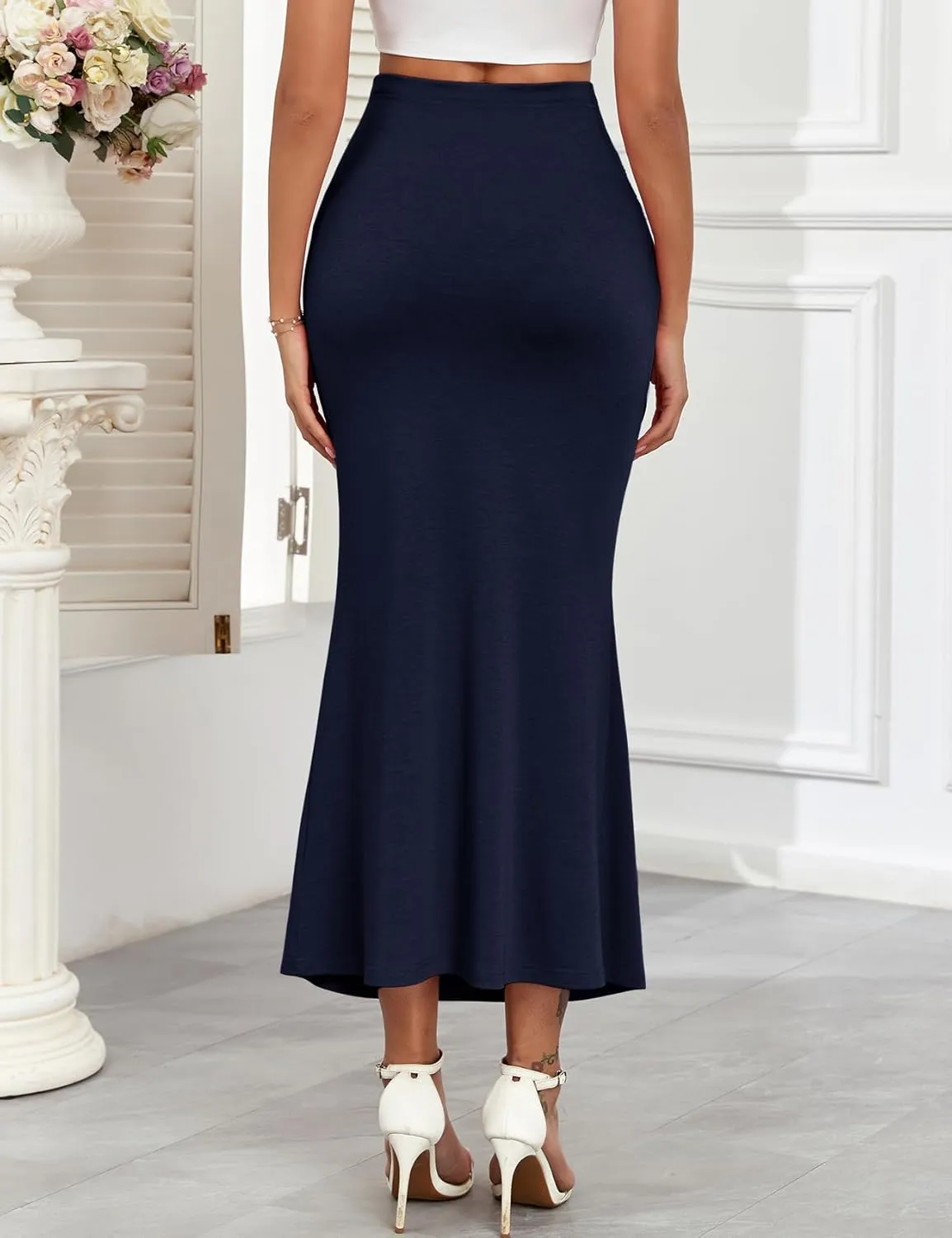 Maternity Mermaid Maxi Skirt Adjustable Waist Over The Belly Elegant Stretchy Pregnancy Long Skirts Casual