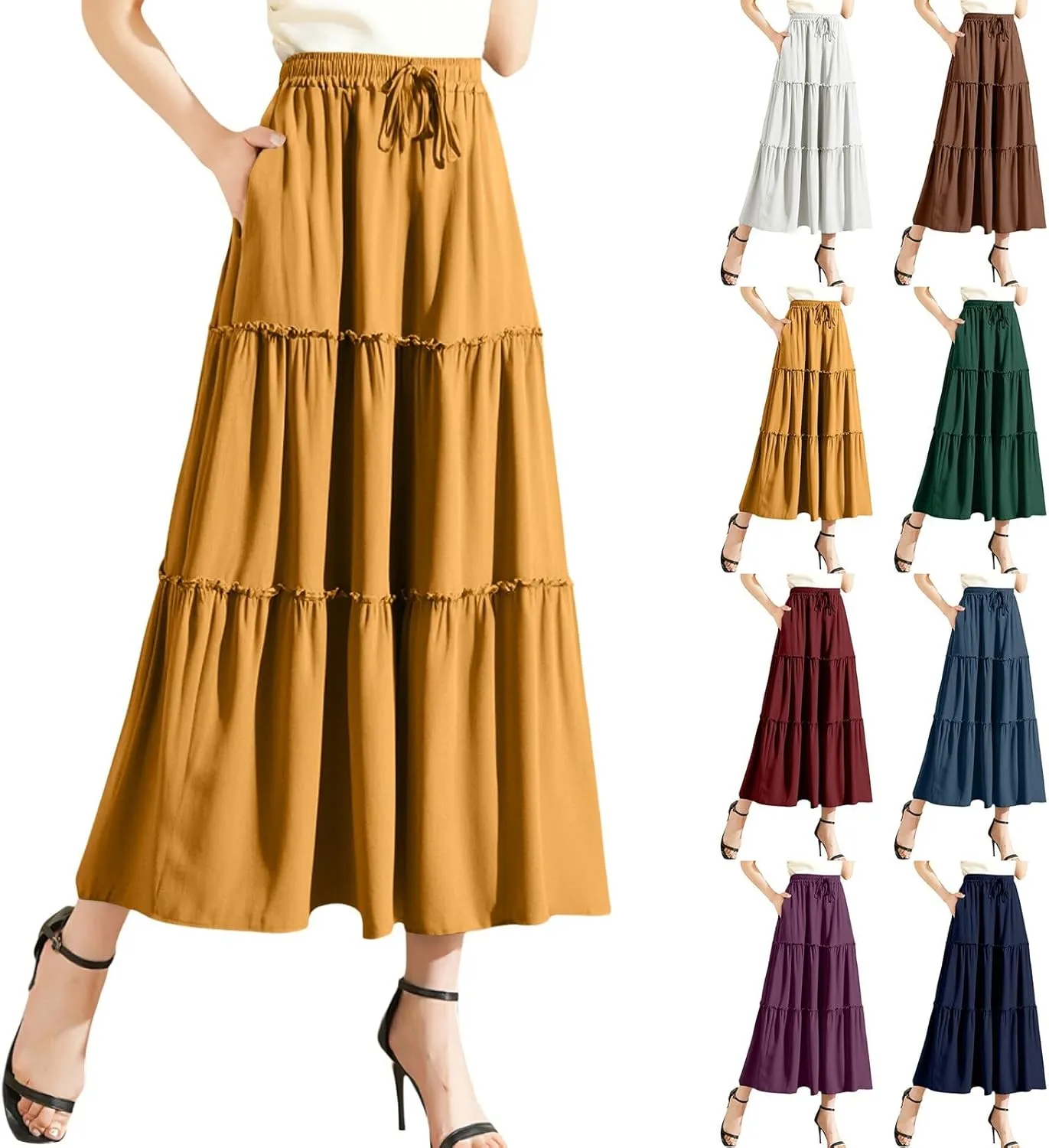 Maxi Skirts for Women Flowy Boho with Pockets Drawstring Elastic High Waist A-Line Ruffle Tiered Summer Long Skirts