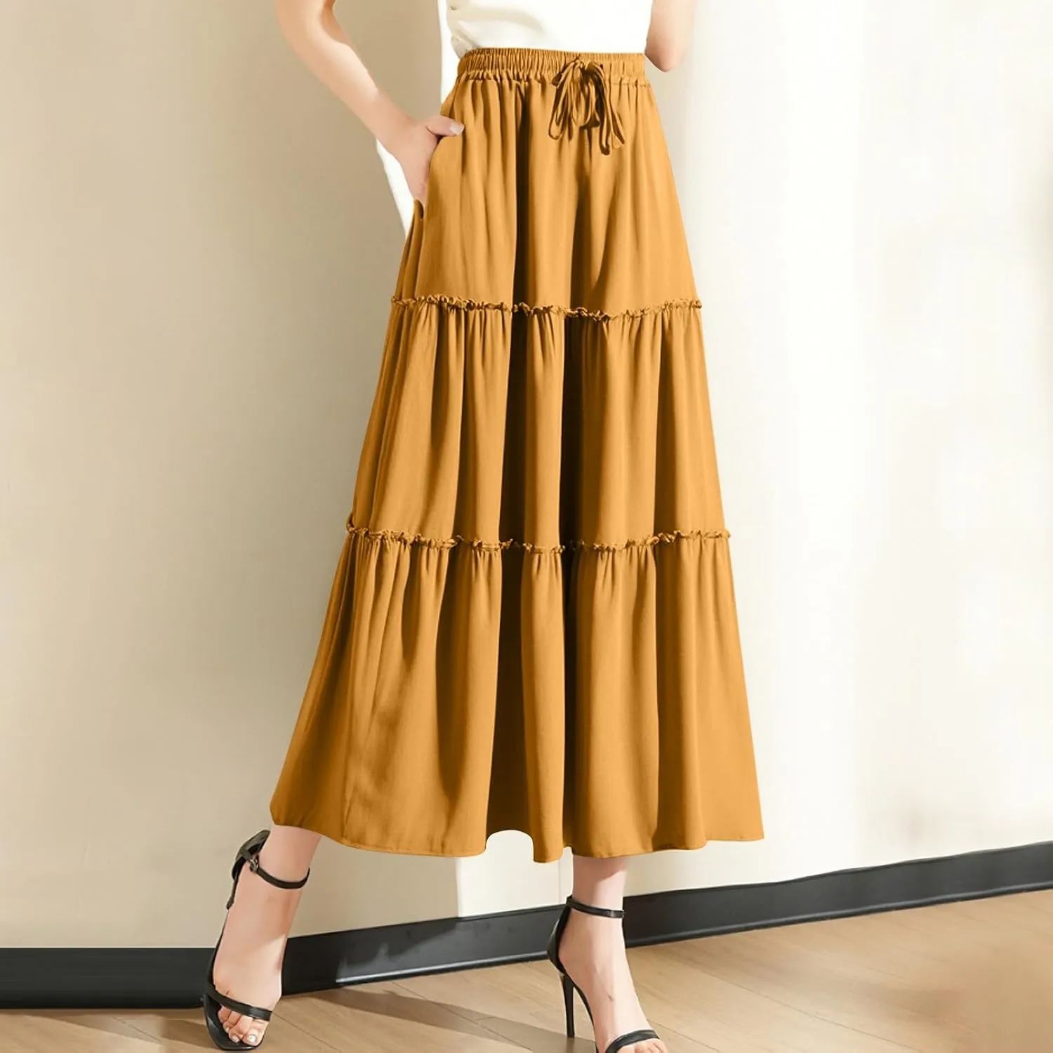 Maxi Skirts for Women Flowy Boho with Pockets Drawstring Elastic High Waist A-Line Ruffle Tiered Summer Long Skirts