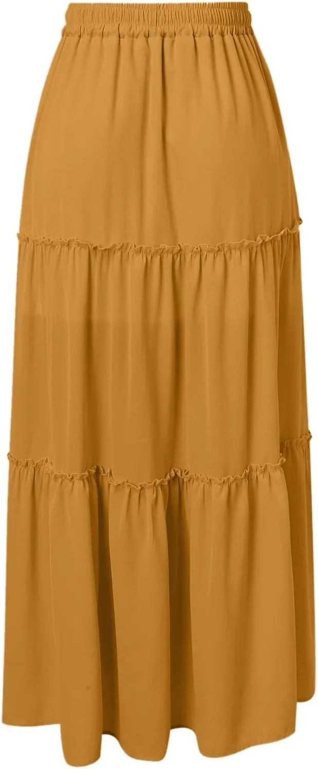 Maxi Skirts for Women Flowy Boho with Pockets Drawstring Elastic High Waist A-Line Ruffle Tiered Summer Long Skirts
