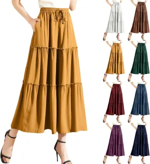 Maxi Skirts for Women Flowy Boho with Pockets Drawstring Elastic High Waist A-Line Ruffle Tiered Summer Long Skirts