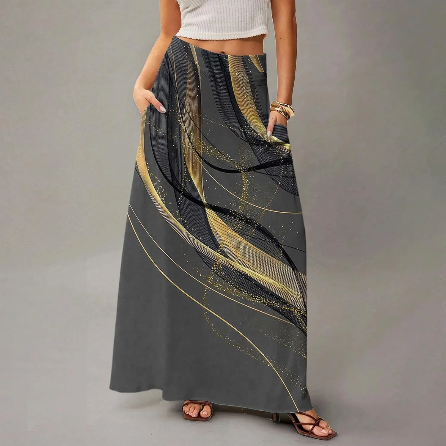 Maxi Skirts for Women Summer Boho Beach Elastic High Waist Pleated A-Line Flowy Swing Long Skirts