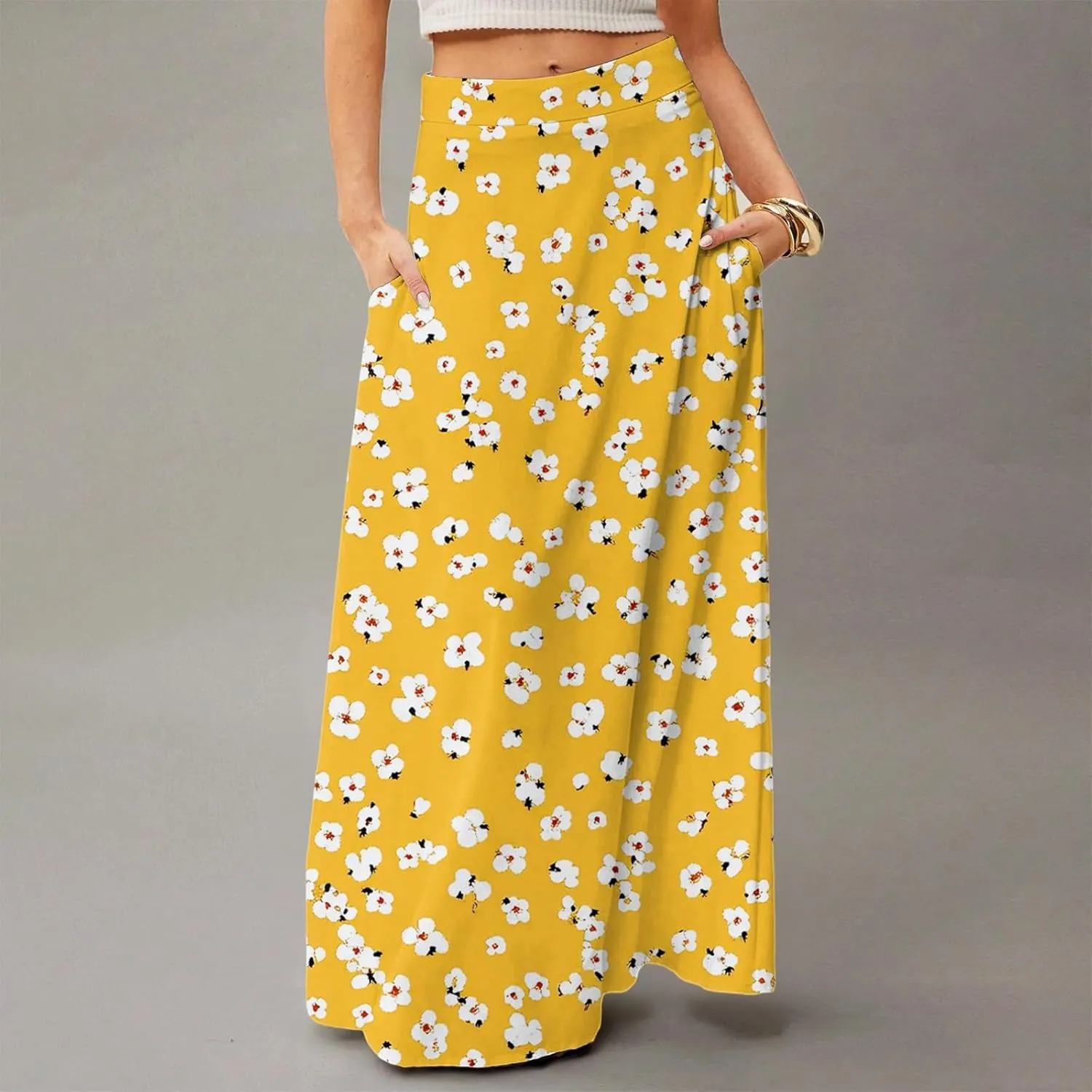 Maxi Skirts for Women Summer Boho Beach Elastic High Waist Pleated A-Line Flowy Swing Long Skirts