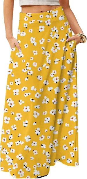Maxi Skirts for Women Summer Boho Beach Elastic High Waist Pleated A-Line Flowy Swing Long Skirts