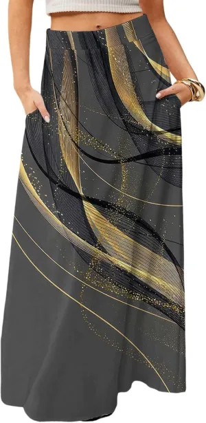Maxi Skirts for Women Summer Boho Beach Elastic High Waist Pleated A-Line Flowy Swing Long Skirts