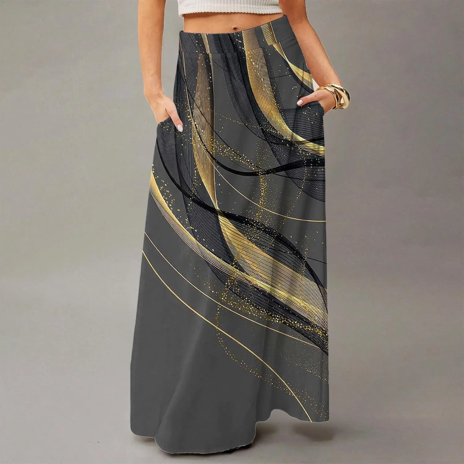 Maxi Skirts for Women Summer Boho Beach Elastic High Waist Pleated A-Line Flowy Swing Long Skirts