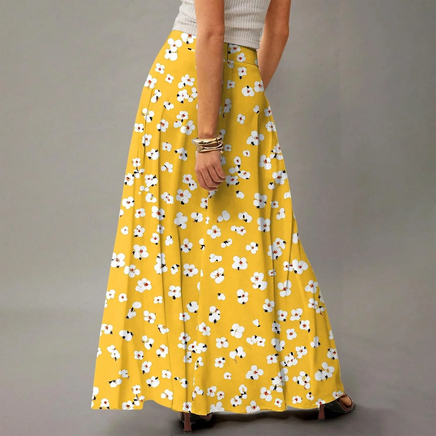 Maxi Skirts for Women Summer Boho Beach Elastic High Waist Pleated A-Line Flowy Swing Long Skirts
