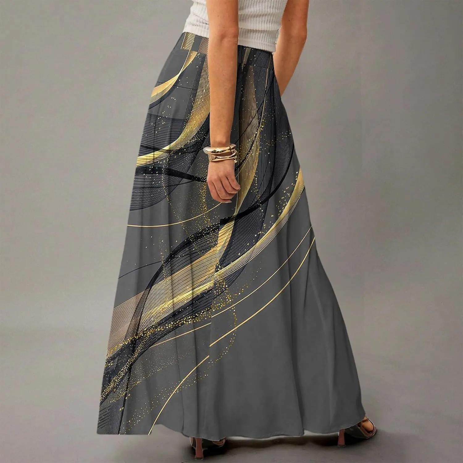 Maxi Skirts for Women Summer Boho Beach Elastic High Waist Pleated A-Line Flowy Swing Long Skirts