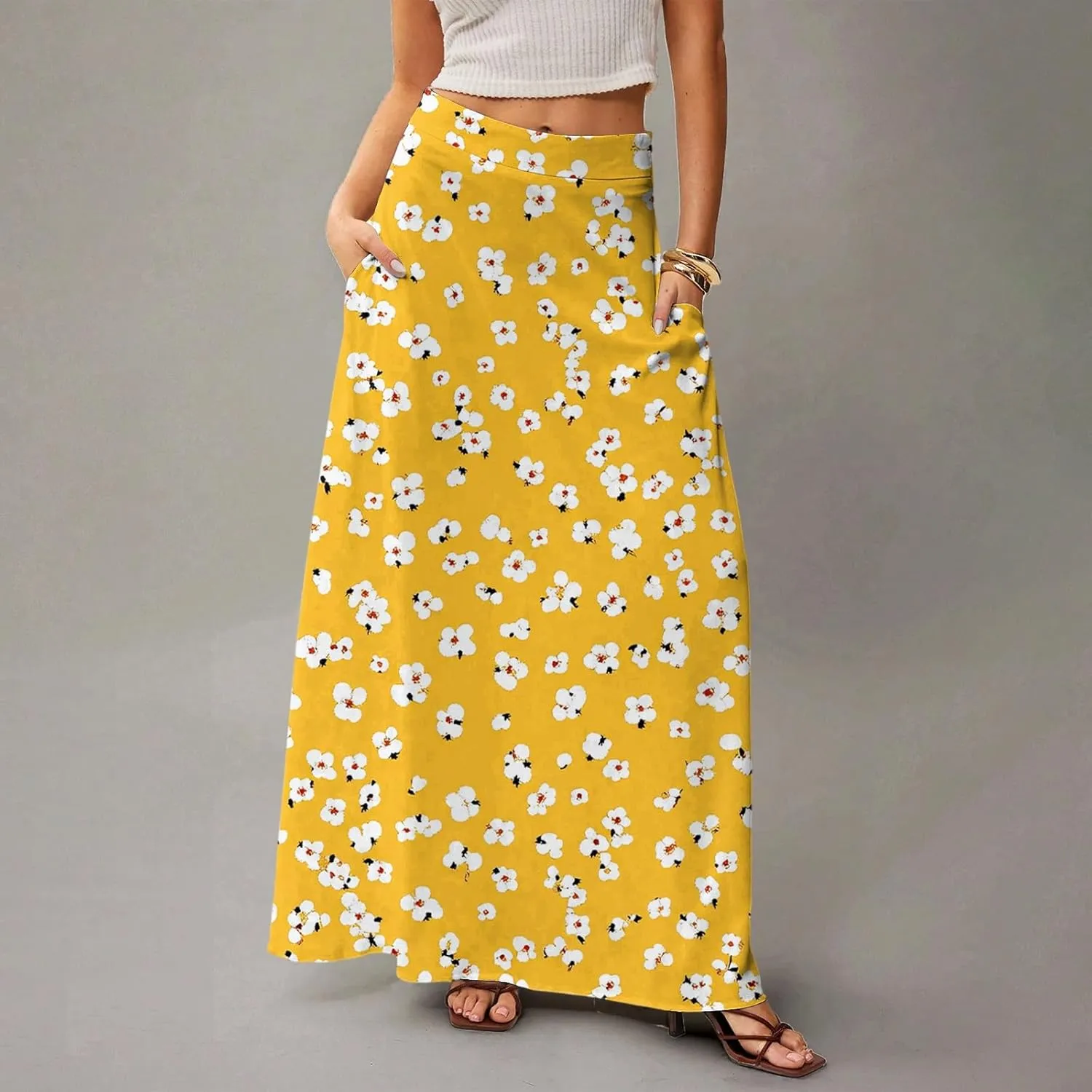 Maxi Skirts for Women Summer Boho Beach Elastic High Waist Pleated A-Line Flowy Swing Long Skirts