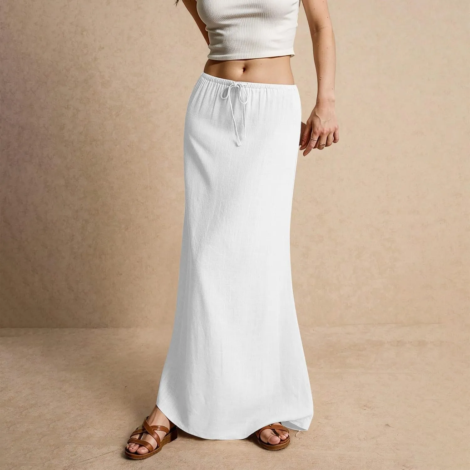 Maxi Skirts for Women Summer Flowy Linen Skirt A-line Elastic Waist Drawstring Low Rise Floor Ankle Length Long Skirts