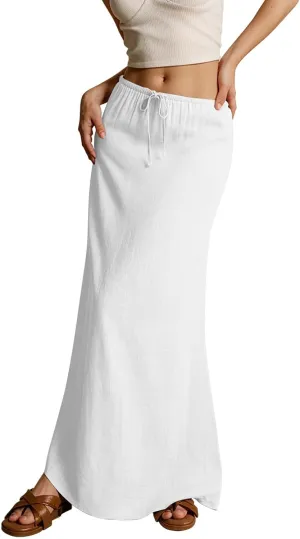 Maxi Skirts for Women Summer Flowy Linen Skirt A-line Elastic Waist Drawstring Low Rise Floor Ankle Length Long Skirts