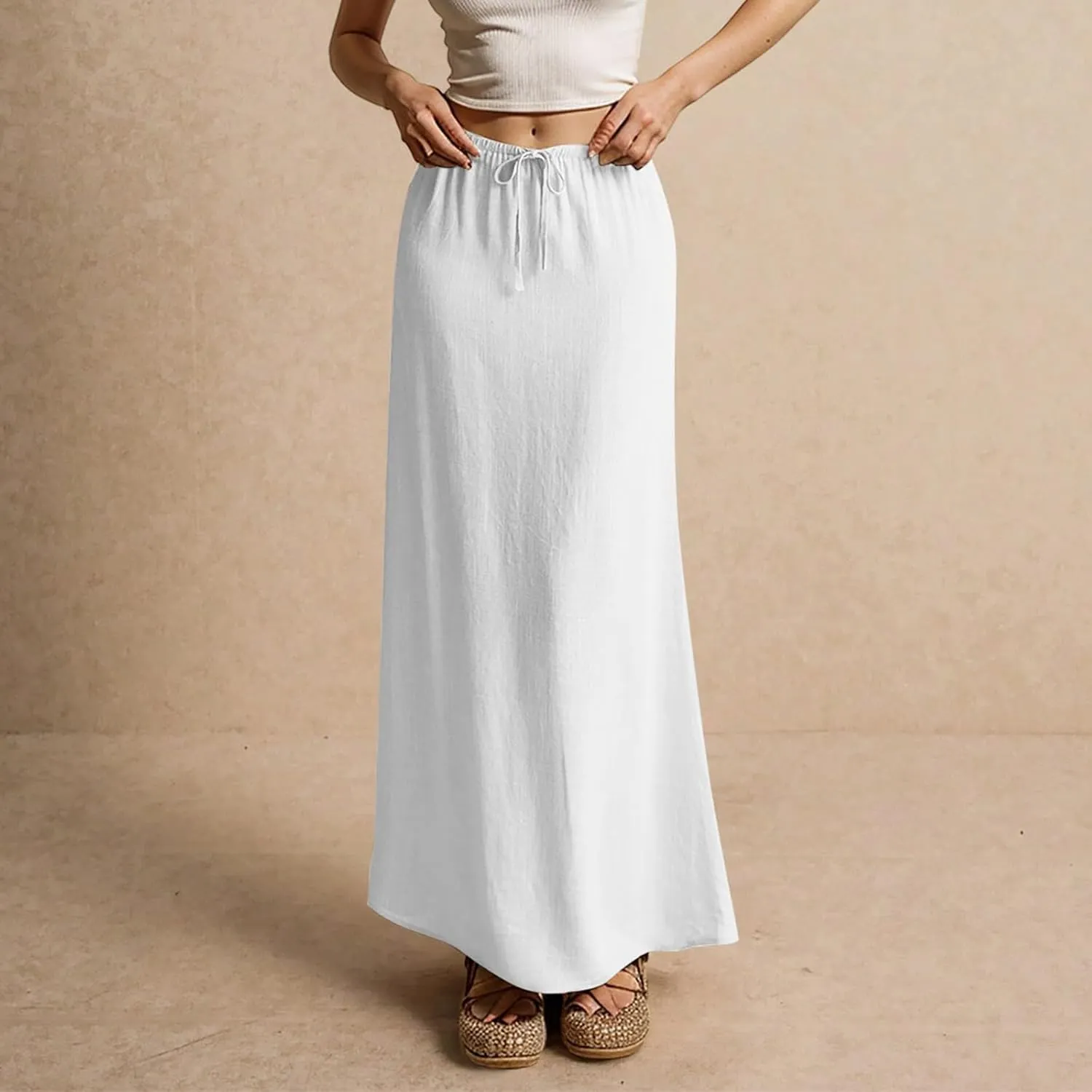 Maxi Skirts for Women Summer Flowy Linen Skirt A-line Elastic Waist Drawstring Low Rise Floor Ankle Length Long Skirts